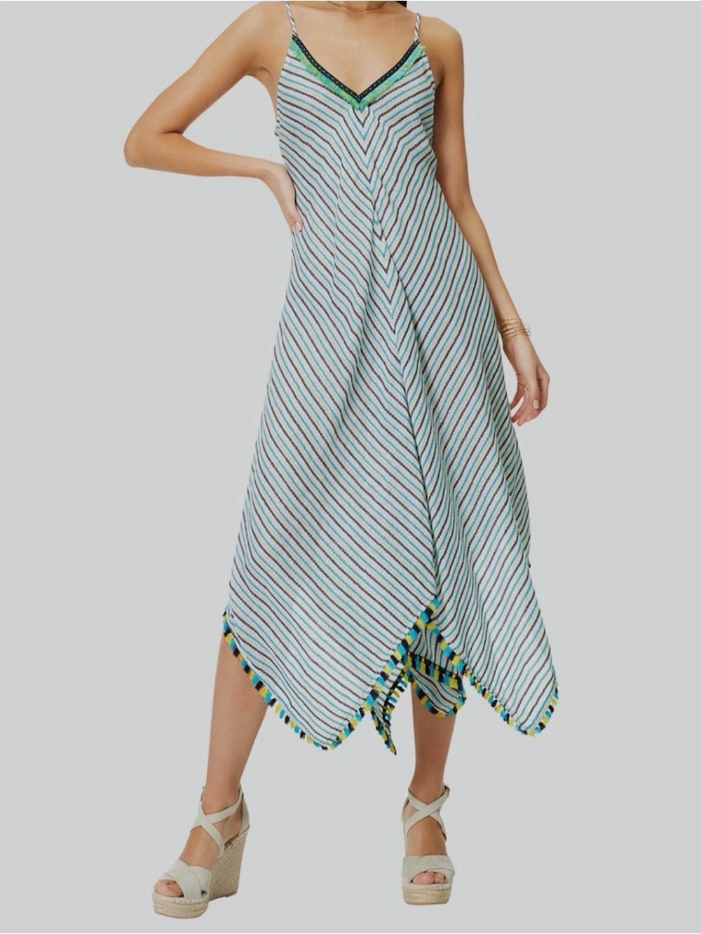 RAMY BROOK Striped Tassel‎ Handkerchief Hem Midi Dress | Womens Small Petite